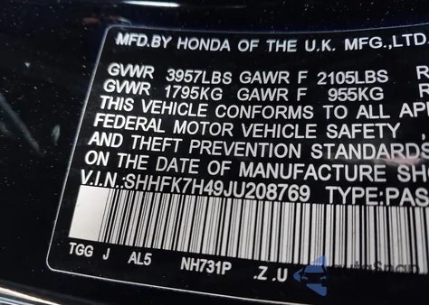 2018 Honda Civic Sport из США, поврежденный, VIN SHHFK7H49JU208769